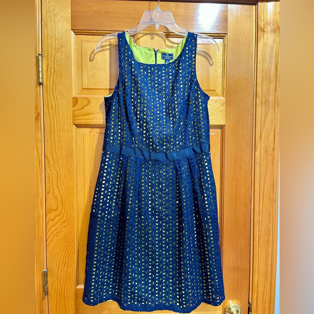 American Living Navy Eyelet Dress with Yellow Lining